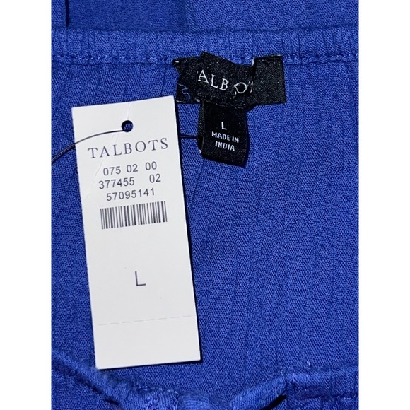 New Talbots Top Womens Size L Blue Pink Embroidered Cotton Tassel Peasant Blouse - Picture 7 of 8